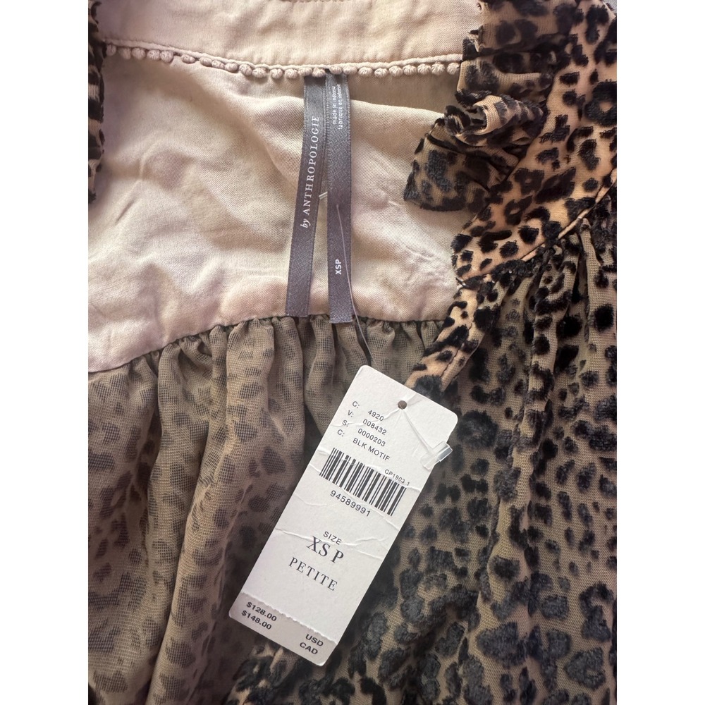 Anthropologie Leopard Print Burnout Velvet Blouse Mock Neck Sheer Top XSP Petite - Picture 5 of 9